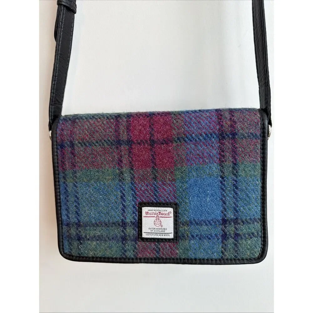 Harris Tweed Maccessori Vintage Plaid Handbag Crossbody Purse 100% Wool Leather